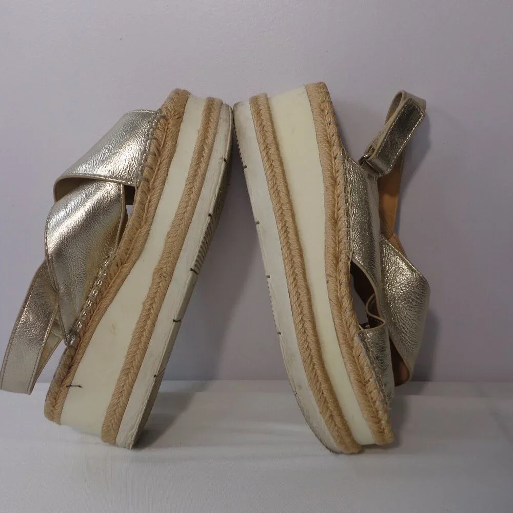 Marc Fisher Metallic Gold Leather Espadrille Platform Wedge Sandal Womens Sz 7.5